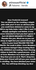 Actress Etinosa Calls Out Frederick Leonard For Block Her on Instagram 