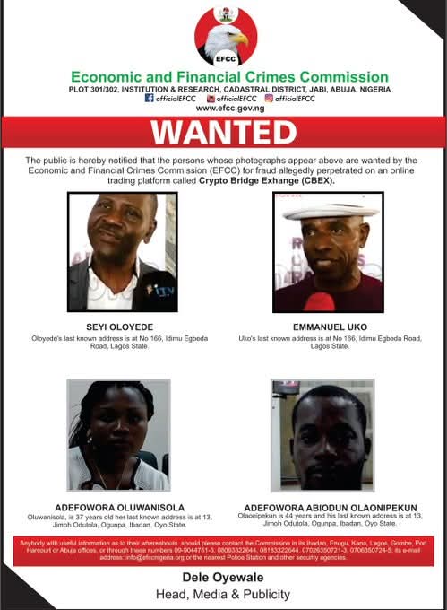 EFCC Declares Four Wanted For Alleged Involvement With CBEX